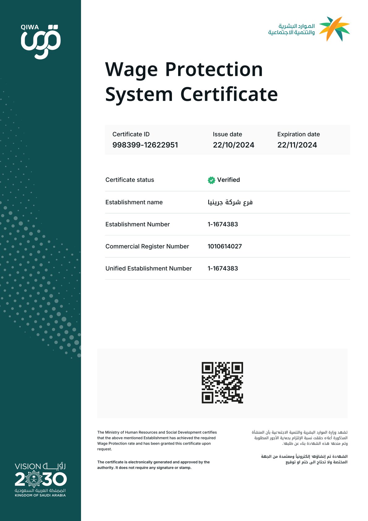 Wage Protection System Certificate - expire on 22.11.2024